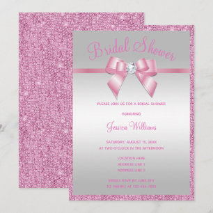 Glitzy Pink Glitters & Gem Bow Bridal Shower Invitation