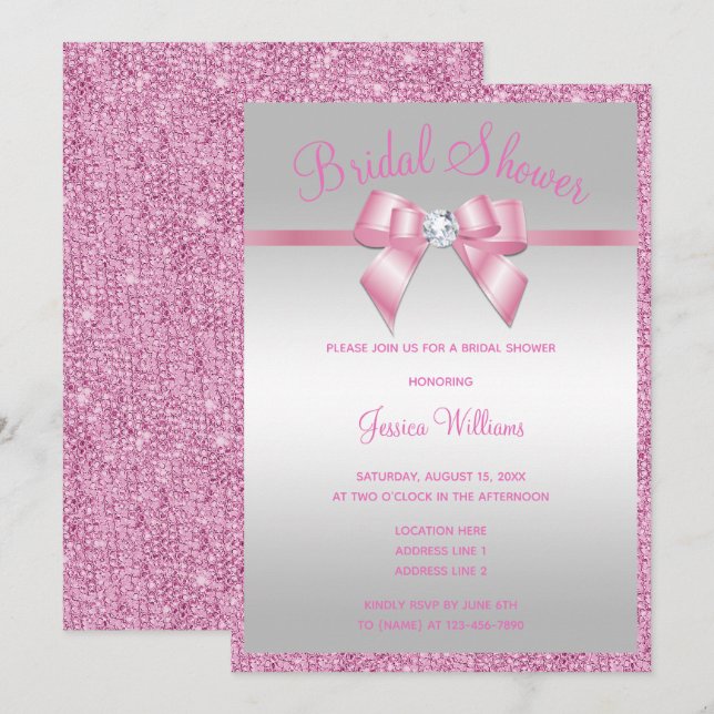 Glitzy Pink Glitters & Gem Bow Bridal Shower Invitation (Front/Back)