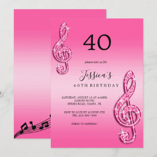 Glitzy Pink Music Notes Birthday Invitation