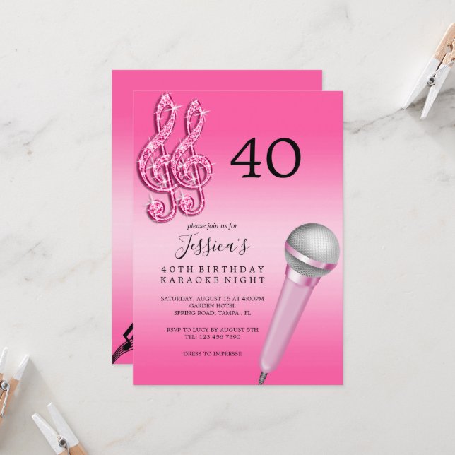 Glitzy Pink Music Notes & Micro Karaoke Birthday Invitation (Front/Back In Situ)