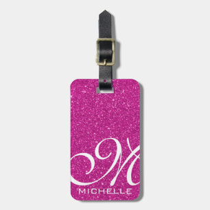 Glitzy Pink Script Monogrammed Luggage Tag