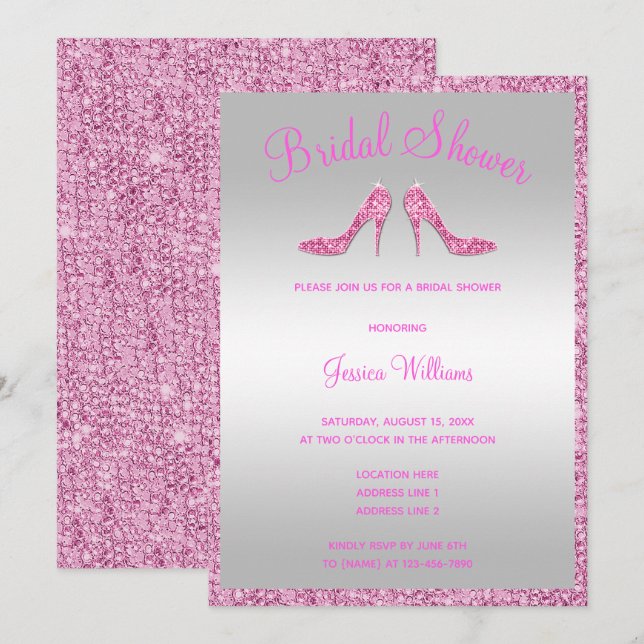 Glitzy Pink Sequins & Stilettos Bridal Shower Invitation (Front/Back)