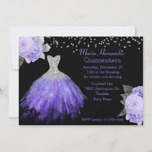 Glitzy Purple and Silver Gown Quinceañera 2 Invitation