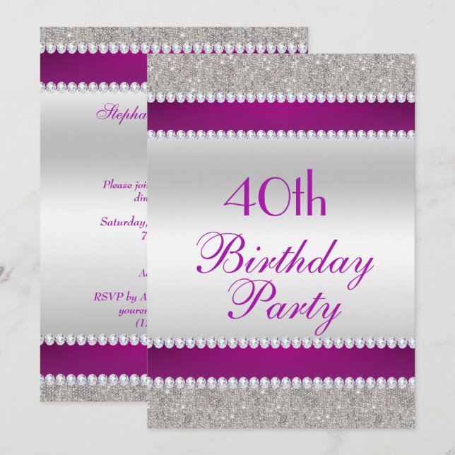 Glitzy Purple & Diamond Gem Birthday Party Invitation (Front/Back)