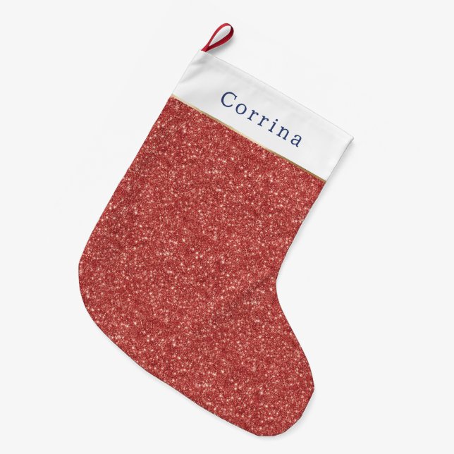 Glitzy Red Glitter Christmas Large Christmas Stocking (Front (Hanging))