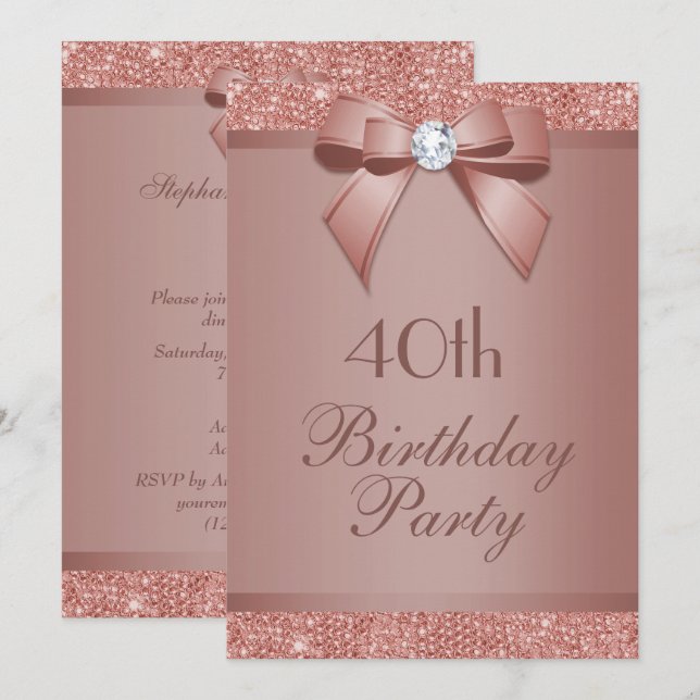 Glitzy Rose Gold Bow & Gem Birthday Party Invitation (Front/Back)