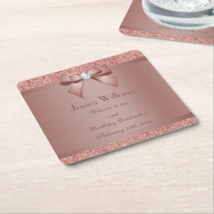 Glitzy Rose Gold Bow & Gem Birthday Party Square Paper Coaster