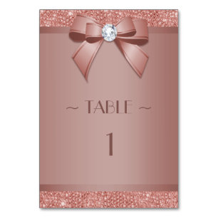 Glitzy Rose Gold Bow & Gem Birthday Party Table Number