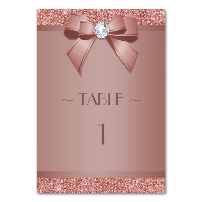 Glitzy Rose Gold Bow & Gem Birthday Party Table Number (Front)