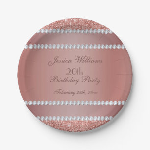Glitzy Rose Gold & Diamond Gem Birthday Party Paper Plate