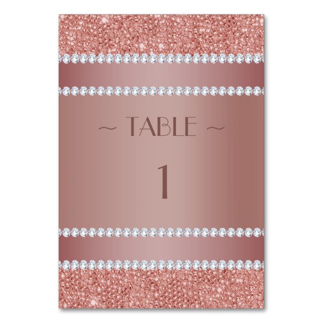 Glitzy Rose Gold & Diamond Gem Birthday Party Table Number (Front)