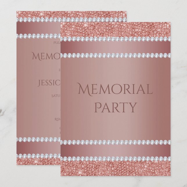 Glitzy Rose Gold & Diamond Gem Memorial Party Invitation (Front/Back)