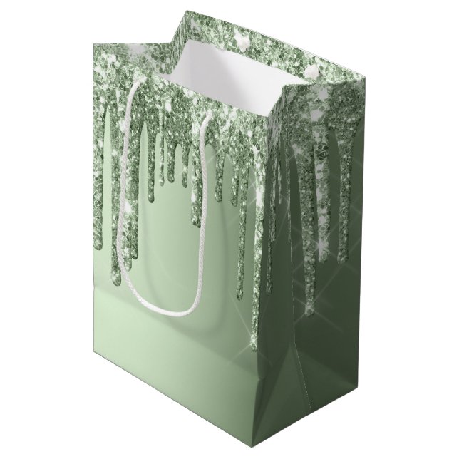 Glitzy Sage Green Sparkle Glitter Drips Birthday Medium Gift Bag (Front Angled)