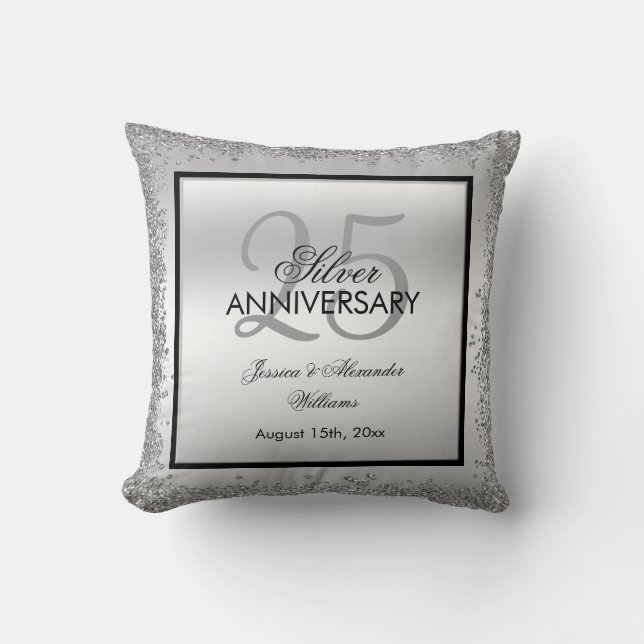 Glitzy Silver & Black 25th Wedding Anniversary  Cushion (Front)