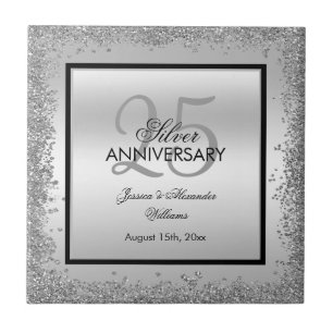 Glitzy Silver & Black 25th Wedding Anniversary Tile