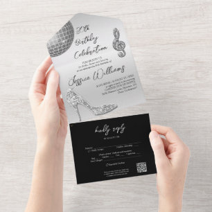 Glitzy Silver & Black 30th Birthday QR Code All In One Invitation