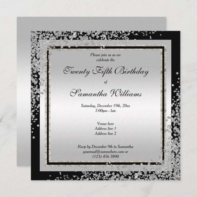Glitzy Silver Confetti Corners 25th Birthday Invitation (Front/Back)
