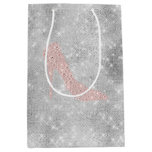 Glitzy Silver Pink Diamond Heels Bridal Shower Medium Gift Bag