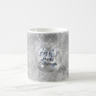 Glitzy Silver Sparkle Bow Christmas Coffee Mug