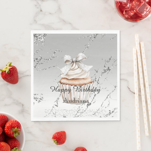 Glitzy Silver White Cupcake Bow Birthday Napkin (Insitu)