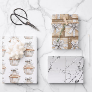 Glitzy Silver White Cupcakes Bow Birthday Wrapping Paper Sheet