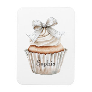 Glitzy Silver White Cupcakes Bow   Magnet