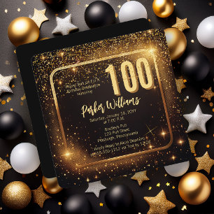 Glitzy Sparkles Stars Gold 100th Birthday Party Invitation