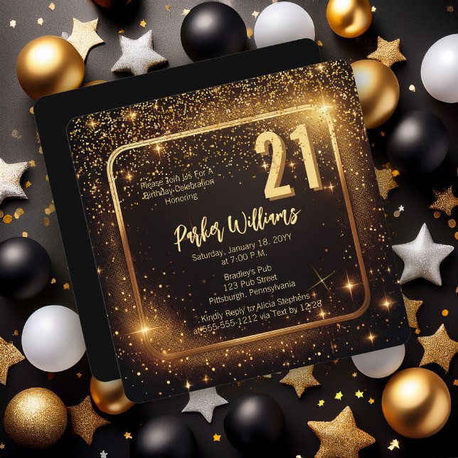 Glitzy Sparkles | Stars Gold 21st Birthday Party Invitation (Glitzy Sparkles Black and Gold Tone Modern Elegant 21st Birthday Party Square Invitation )