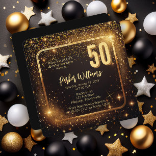 Glitzy Sparkles   Stars Gold 50th Birthday Party Invitation