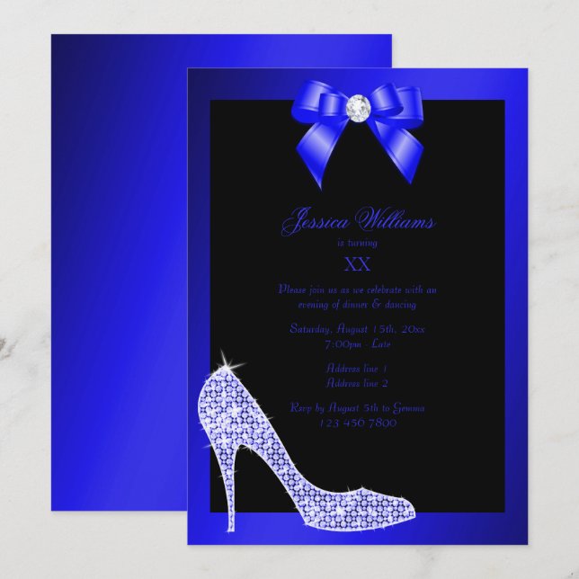 Glitzy Sparkly Stiletto, Blue Bow Birthday Party Invitation (Front/Back)
