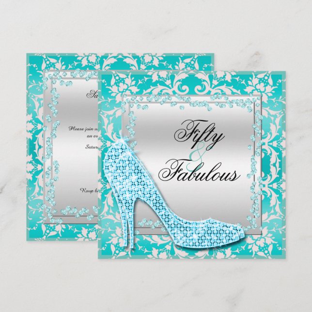 Glitzy Stilettos, Diamonds & Damask Fabulous 50 Invitation (Front/Back)