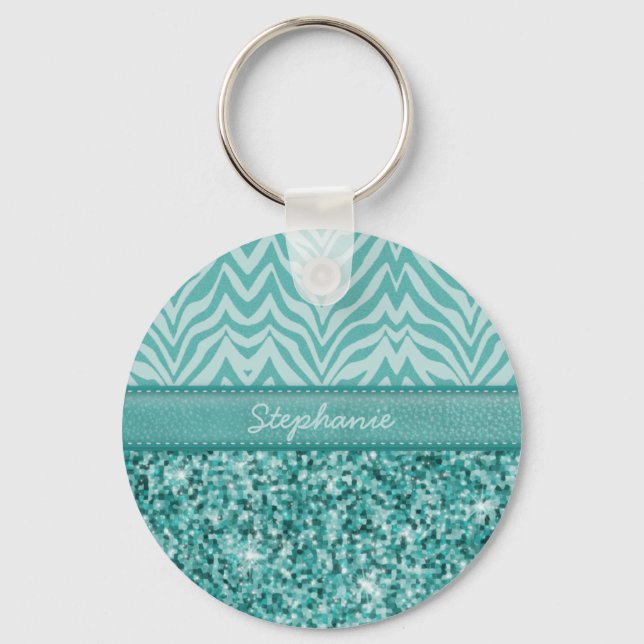 Glitzy Teal Zebra Key Ring (Front)
