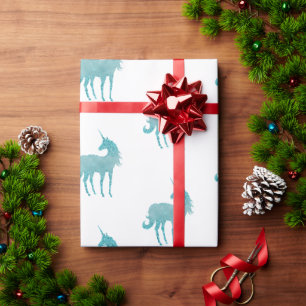 Glitzy White Aqua Sparkle Unicorn Wrapping Paper