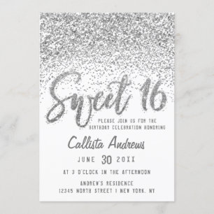 Glitzy White Silver Scattered Glitter Sweet 16 Invitation
