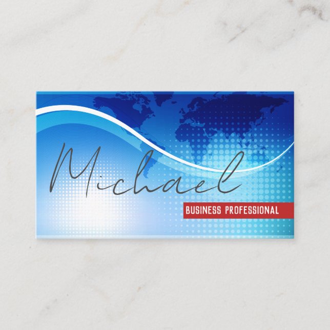 Global Map Blue Background Business Card (Front)