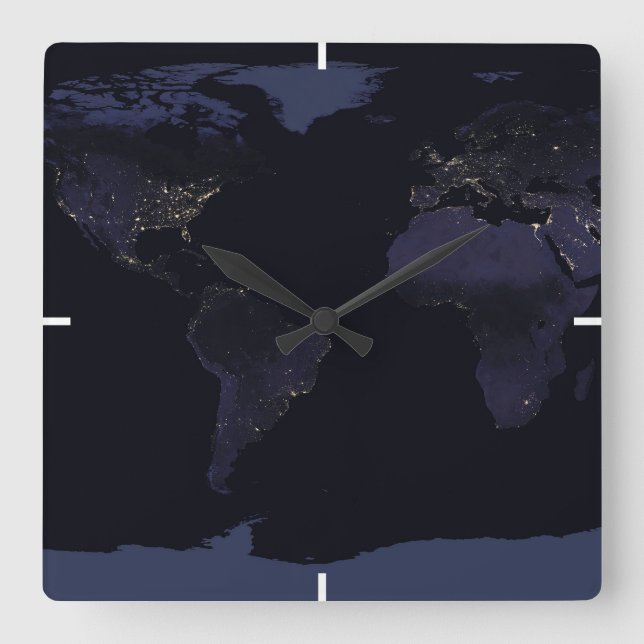 Global Map Earth's City Lights At Night. Square Wall Clock (Front)