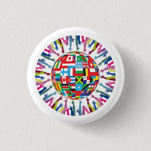 GLOBAL PEACE World Flags Raised Hands WHITE 3 Cm Round Badge