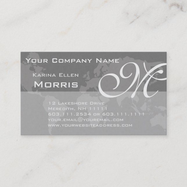 Global Professional Elegant Monogram World Map Business Card (Front)