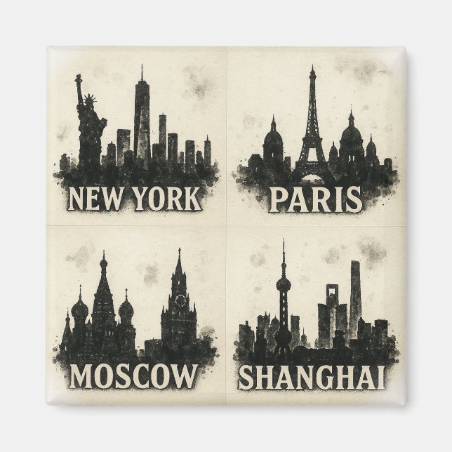 Global Skyline Ink Iconic Monochromatic Cities Magnet (Front)