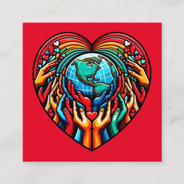 Global Solidarity Emblem Unity Heart Globe Design Square Business Card (Front)