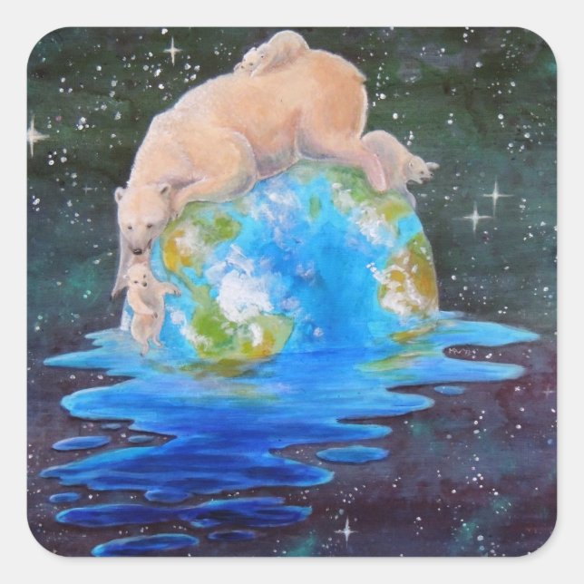 Global Warming Polar Bear and Cubs Square Sticker (Front)