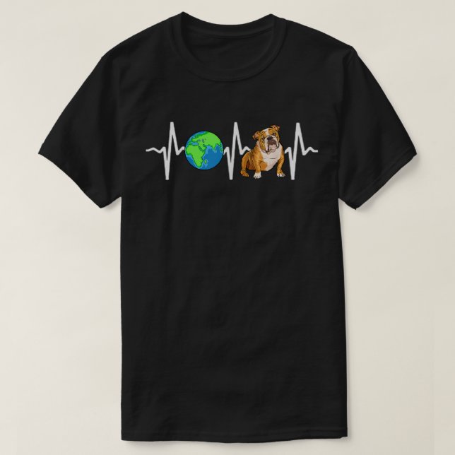 Globe Planet Earth Bulldog Heartbeat Dog Lover  T-Shirt (Design Front)