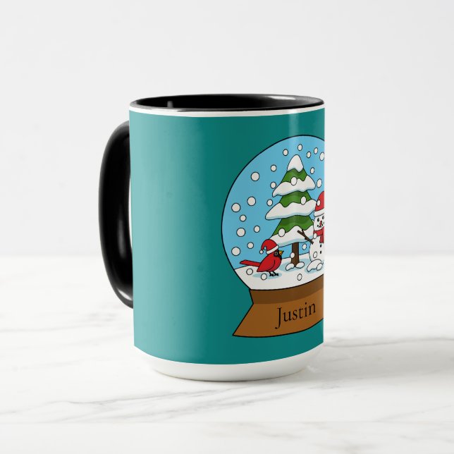 Globe w Cardinal Snowman & Pine Tree | Personalise Mug (Front Left)