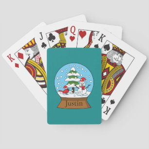 Globe w Cardinal Snowman & Pine Tree   Personalise Playing Cards