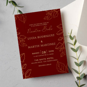 Glod Leaf Red Spanish Nuestra Boda Invitation