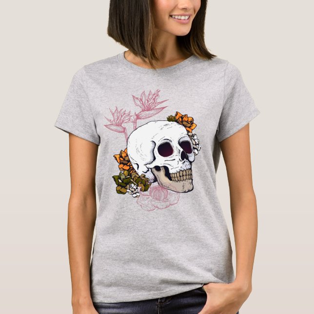Gloomy Skull with Strelitzia flowers T-Shirt (Front)