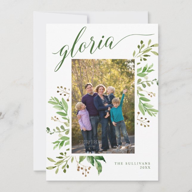 Gloria Greenery Frame Religious Photo Holiday Card (Front)