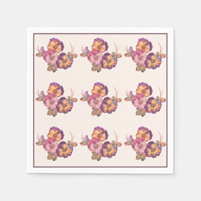 Glorious Pansies Watercolor Napkins — Plum & Sage (Front)