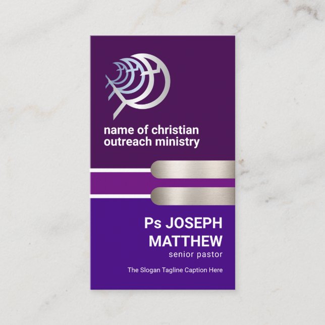 Glorious Purple Layers Silver Christian Fish Business Card (Front)