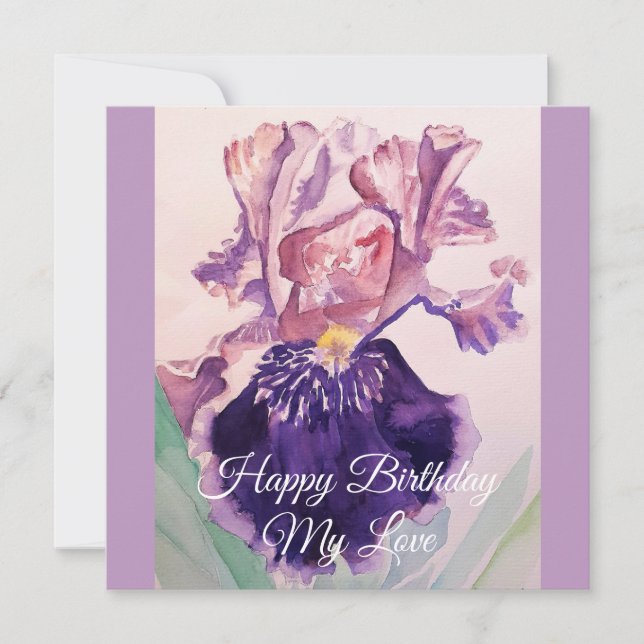 Glorious Purple Watercolor Iris Flat Birthday Card (Front)